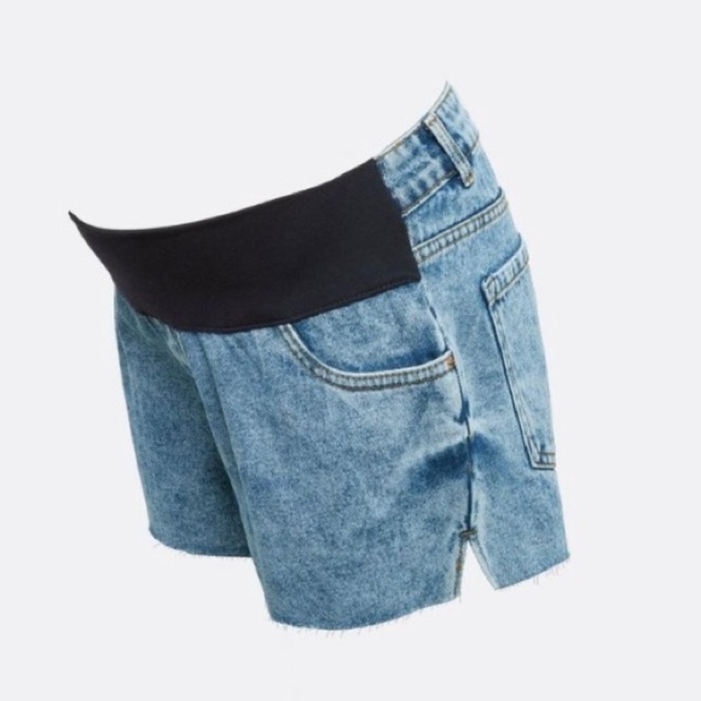 Maternity Blue Denim Raw Hem Under Bump Shorts - Picture 3 of 10